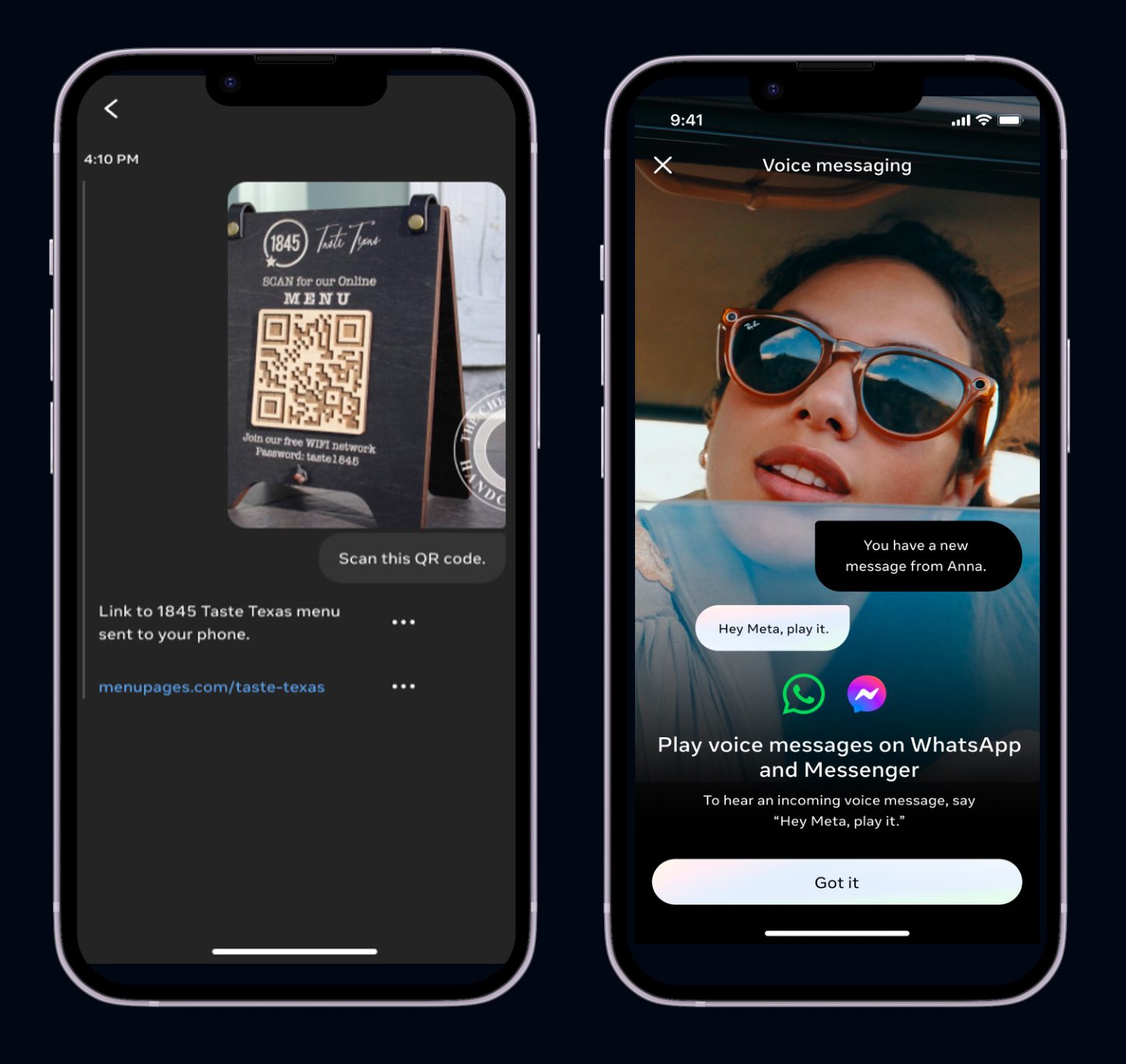 Meta AI app screens: scanning a QR code and voice messaging